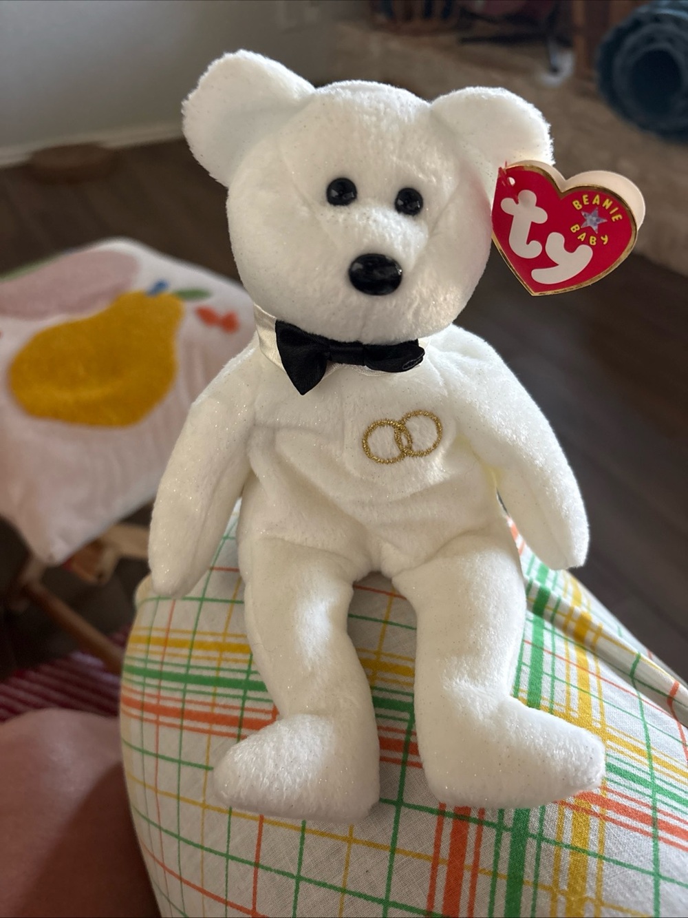 Mr. Ty Beanie Babies White Wedding Bear with Gold Rings and Black Bow Tie